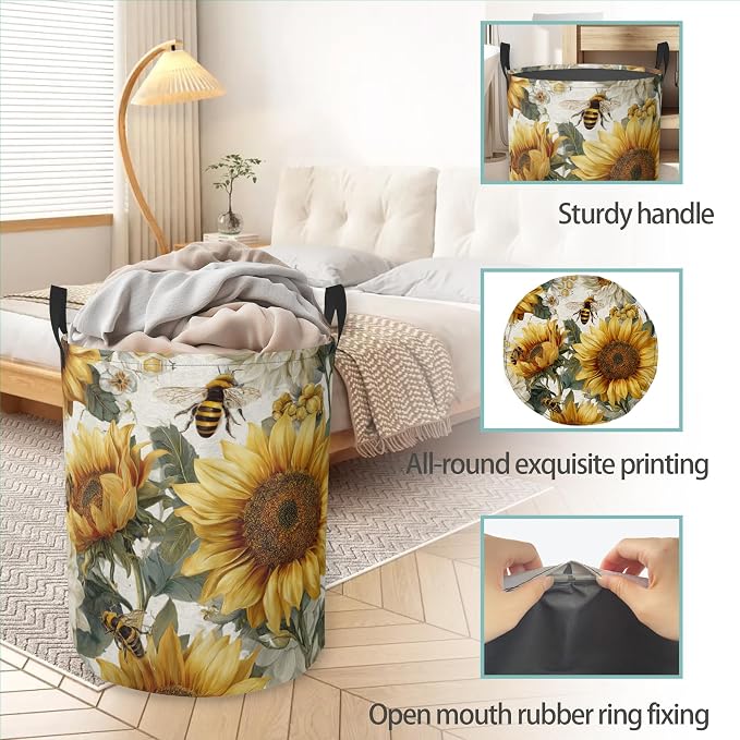 Laundry Hamper Foldable Oxford Cloth Sunflower Bee Laundry Basket With Handle Portable Clothes Storage Organizer Basket Storage Bag For Laundry Room/Bedroom/Bathroom