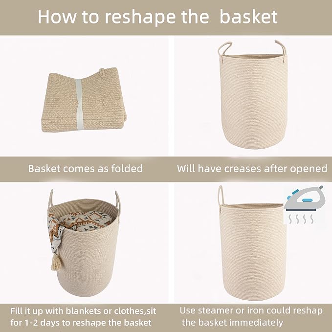 XUANGUO Cotton Rope Laundry Basket Hamper for Clothes Large Oatmeal | Baby Nursery Hamper Bin and Woven Storage Basket for Living Room Bedroom Boho Tall Rope Baskets Blankets Toys Pillows Towels