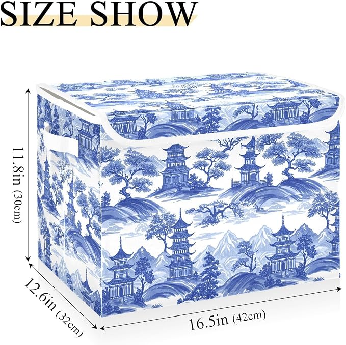 Blue Toile Fabric Storage Bins with Lid Foldable Storage Boxes 40L Baskets | Decorative Storage Boxes, Foldable & Stackable, Dust-Proof Flip Top, Reinforced Handles, For Home & Dorm, Clothes & Toy Box