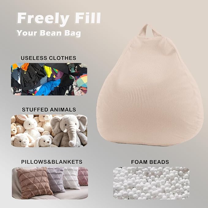 LPMOERA Stuffed Animal Storage Soft Bean Bag Chair Cover No Filler Beige | Skin-Friendly,Portable,Wide Easy-Load Opening,Hidden Zipper,Decorative Organizer