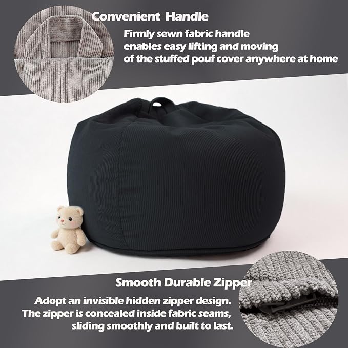 LPMOERA Stuffed Animal Storage Soft Bean Bag Chair Cover No Filler Black | Skin-Friendly,Portable,Wide Easy-Load Opening,Hidden Zipper,Decorative Organizer