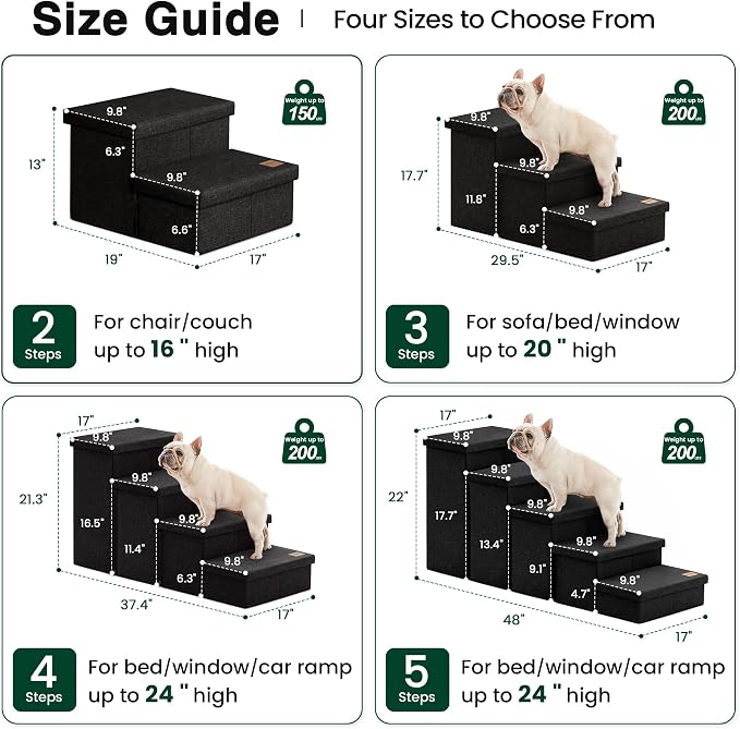 Love's cabin Dog Stairs for High Bed, Foldable Pet Stairs for Small Medium or Large Dogs Puppy with Storage for Bed or Couch, Cat Dog Steps Ramp with Zip up to 200 lbs, Black, 4 Steps