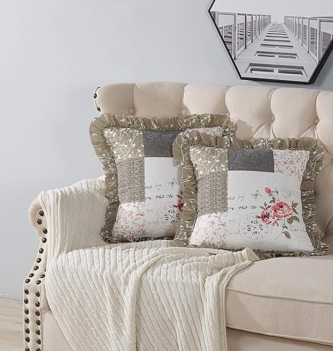 Brilliant Sunshine Pink Roses & Grey Toile Ruffle Pillowshams Set, 18"x18" | Patchwork Design with Ruffles, Quilted Pillow Covers, Washable Throw Cushion Cases for Couchs and Beds, Pack of 2