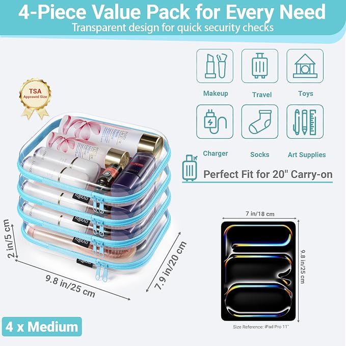 YQBRAO Clear Hard Shell Zipper Cases, 4 Medium Makeup Organizers, Blue | Rigid 1.2 mm PET and YKK dual zippers for skincare, toiletries, chargers, notebooks and daily essentials