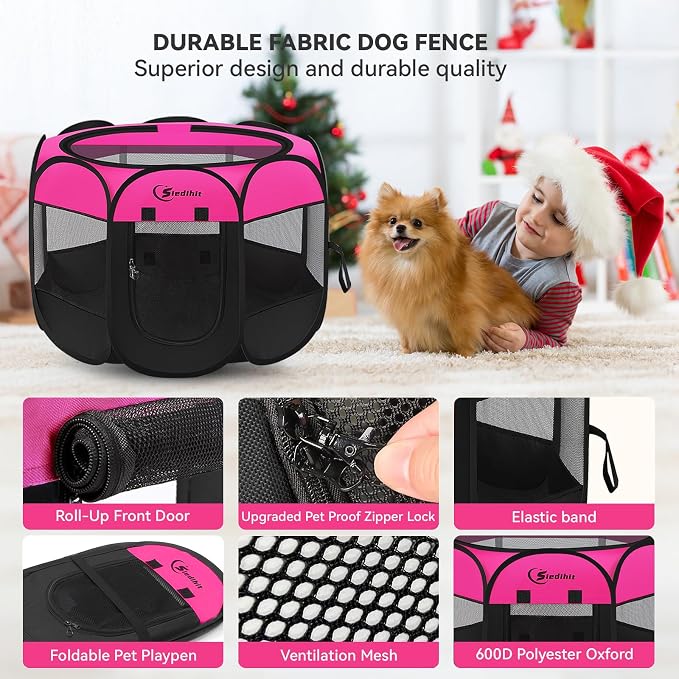 Siedihit Dog Playpen, Medium Puppy Pet Playpen, Dog Crate Tent Cage Indoor | Outdoor, Portable Pop Up Dogs Kennel Playpen with Carrying Case for Dogs/Cats/Rabbits, Hot Pink