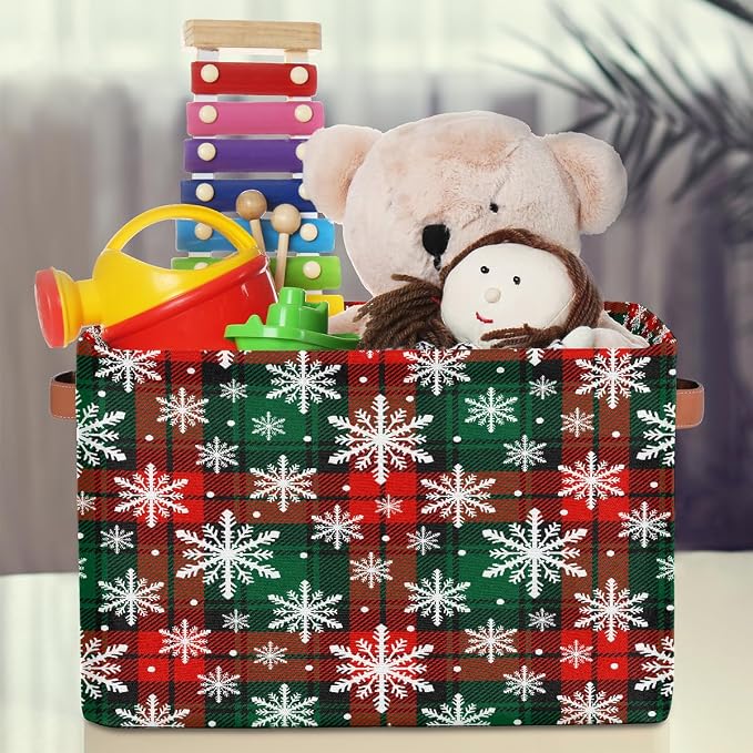 Pardick Christmas Red Green Snowflake Basket Storage Bins Large Fabric Toys Storage Cube Box with Handles Collapsible Closet Shelf Cloth Organizer Basket for Nursery Bedroom Bathroom Holiday Gift