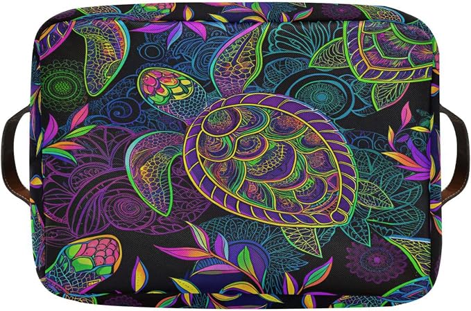 Large Storage Basket Bin Mandala Sea Turtle Storage Cube Box Foldable Canvas Fabric Collapsible Organizer with Handles for Home Office Closet, 2PCS