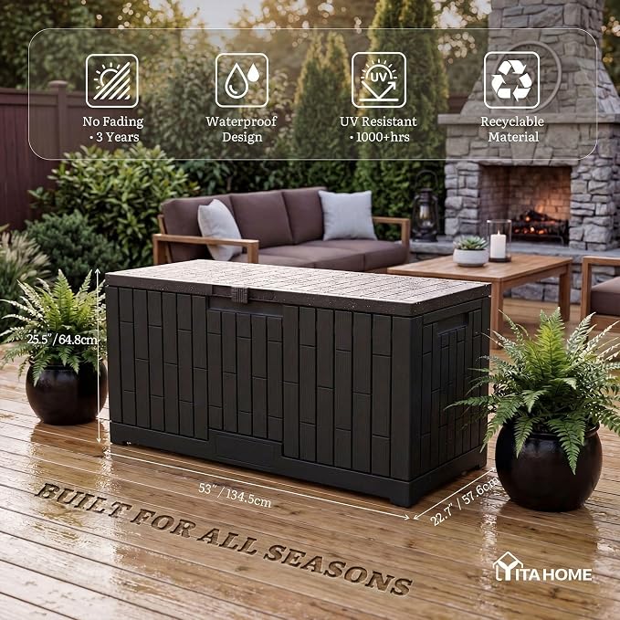 YITAHOME Large Deck Box 120 Gallon Resin Outdoor Storage Box | Patio Storage Bin and Bench Seat for Outdoor Pillows, Garden Tools and Pool Supplies, Waterproof Lockable, Black