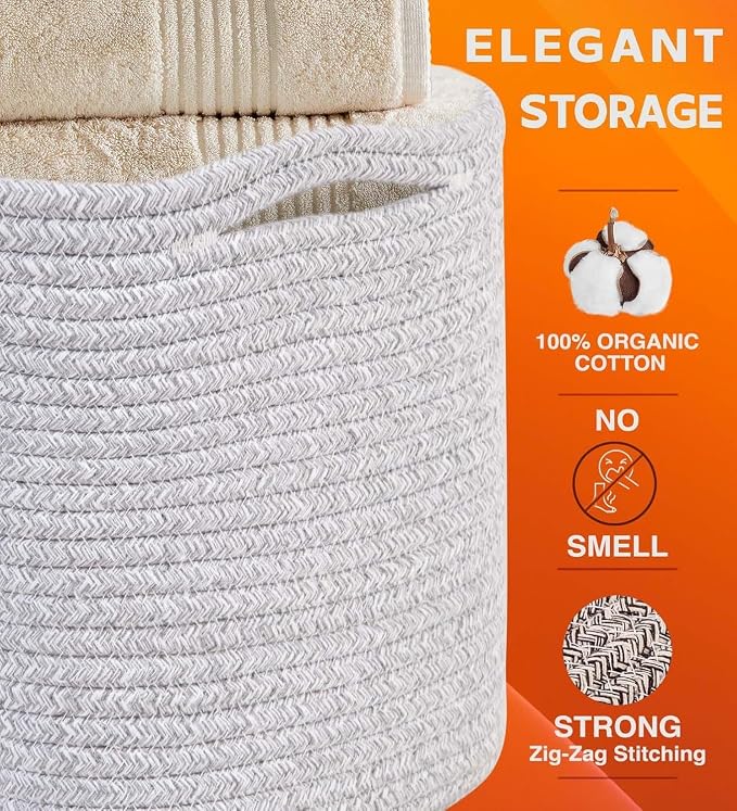 CHAT BLANC Cotton Rope Baskets for Organizing, Shelves, Toys, Storage, Shoe, Bathroom, Laundry, Towel, Nursery, Home Decor, Blanket, Cloth Woven Bins Fabric (Gray7, 15"x10"x9")