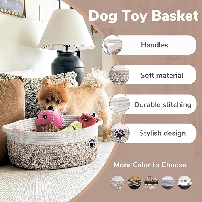 Medium Woven Rope Dog Toy Basket with Paw Print, Mixed Brown | 13.6"x 10" x 6", Cotton Rope Dog Toy Bin & Box, Gift Basket Empty With Handles, Storage Basket for living Room Bedroom