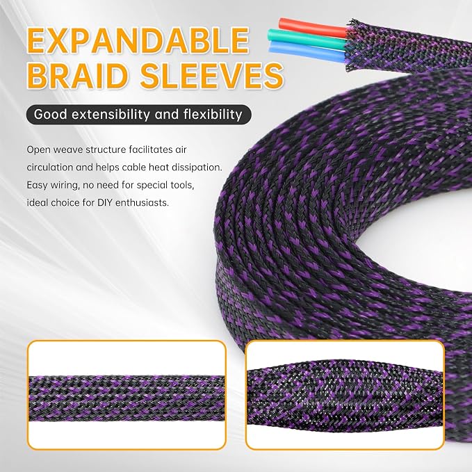 Braided Cable Sleeve, 33ft Expandable Wire Loom for Automotive Wiring Harness & PC Case, Pet-Proof Chew Resistant Cord Protector, Flexible Cable Management (Purple Black, 4mm (5/32"))