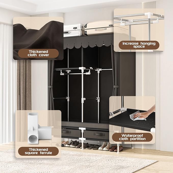 Portable Wardrobe Closet for Bedroom, Small Storage Organizer with 2 Drawers and 2 Hanging Rods, Includes Dust Cover.(Brown, 39.3 in)