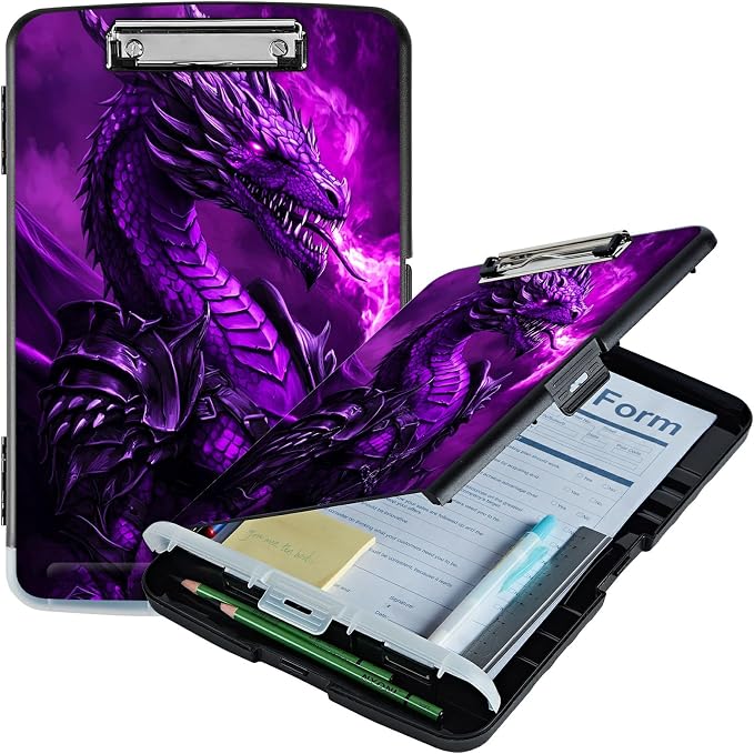 Purple Flaming Dragon A4 Clipboard with Storage Pen Holder, Clipboards Organizer Nursing Clipboard Foldable File Folder Plastic Clipboard Folio Clip Board for Office Students Classroom