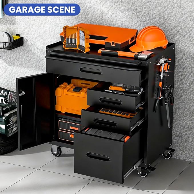 Metal Mobile Tool Storage Cabinet with 4 Drawer and 1 Locking Door | Black Heavy Duty Rolling Tool Cabinets for Garage,Metal Storage Cabinets with Wheels and Pegboard,Assembly Required