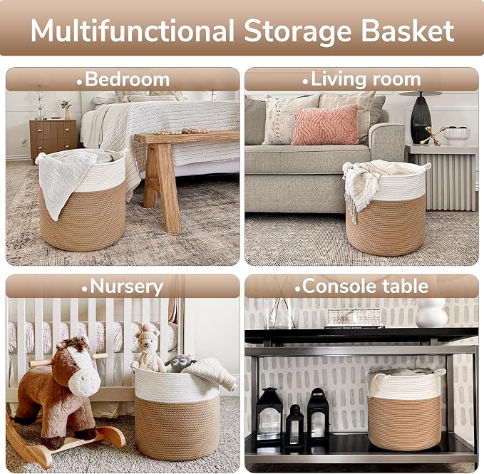 Goodpick Cotton Rope Storage Basket, 15 x 14.2 Inches Jute Woven Basket for Blankets Clothes Organizing, Baby Laundry Baskets Toy Storage With Handle, White Jute | Small Laundry Basket for Living Room Bedroom Nursery Décor, Toy Storage With Handle