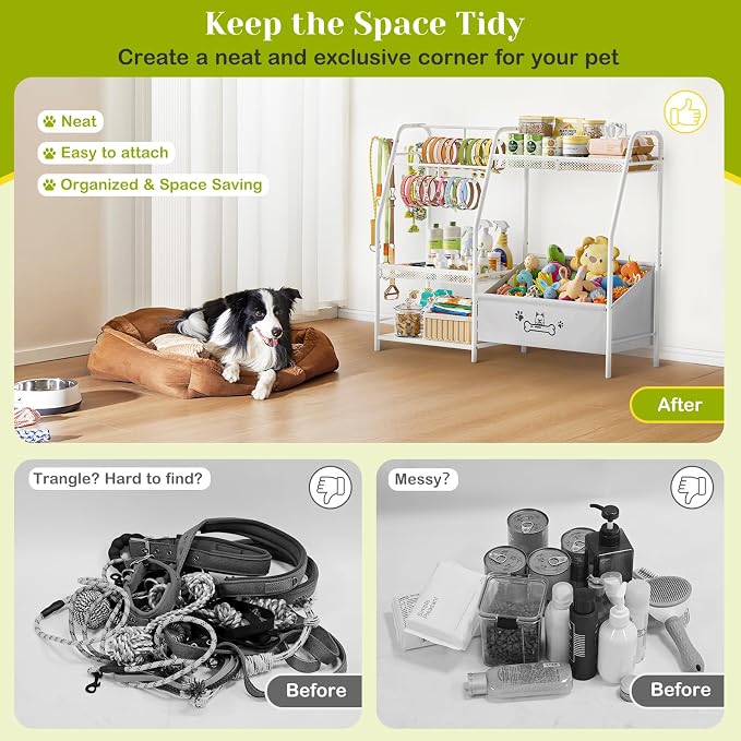 Large Dog Toy Basket with Dog Storage Organizer, Trapezoid Dogs Toy Bin Box with Collar Leash Holder Hook, Toy Holder Chest Pet Storage Cabinet for Living Room, Dogs Essentials for Pet Lovers Gift