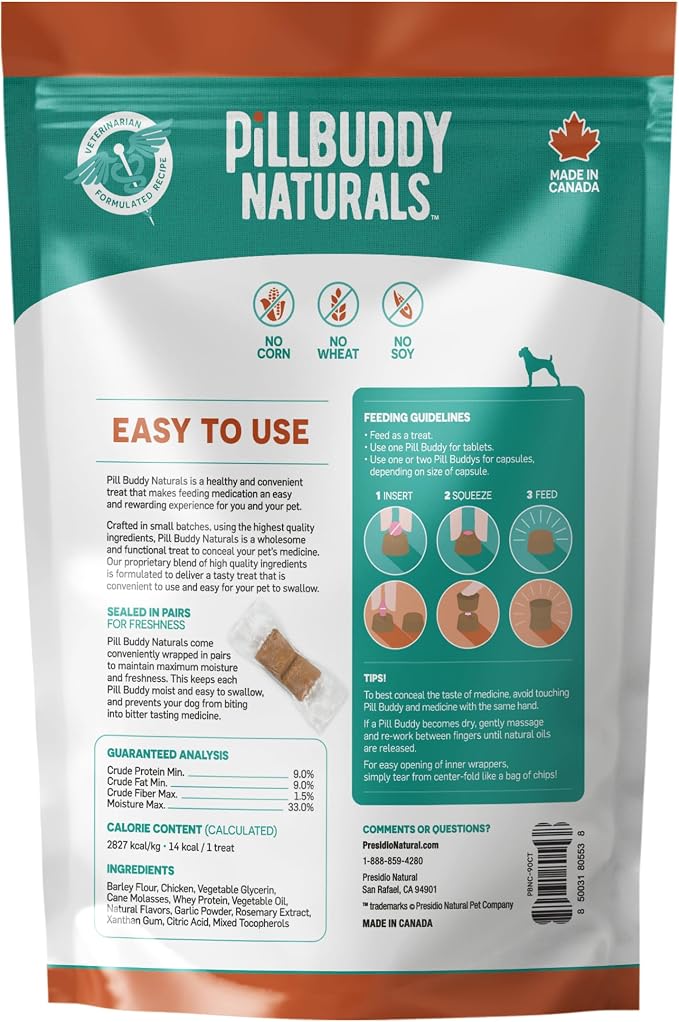Presidio Earthly Pill Buddy Naturals - Chicken Recipe Pill Hiding Treats for Dogs - Make A Perfect Pill Concealing Pocket Or Pouch for Any Size Medication - 90 Servings