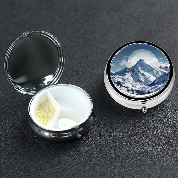 Round Pill Box Snow Mountain Pill Case for Purse & Pocket 3 Compartment Pill Organizer Portable Travel Pillbox Medicine Pill Holder Container for Daily Vitamin Cod Liver Oil Storage