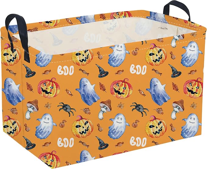 Sanjiaofeng Rectangular Halloween Horror Ghost Storage Basket,Terrifying and Thrilling Party Basket,Halloween Candy Storage Baskets with Handles(Scary Pumpkin)