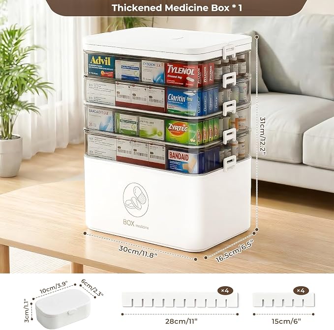 5-Tier Medicine Cabinet Organizer with Handle, Extra Large Medicine Storage Box Portable First Aid Kit, Empty Plastic Pill Organizer for Family Emergencies Home