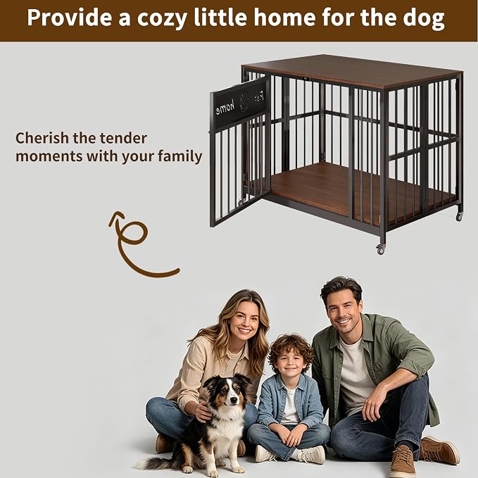 31.5" Foldable Dog Crate Furniture for Medium Dogs, Walnut | Wooden Construction, RGB Ceiling Lights, Silent Casters, End Table TV Stand