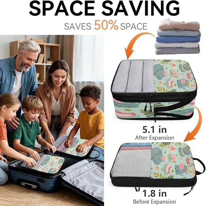 Hippopotamus Compression Packing Cubes Tropical Theme 6 Set Travel Packing Cubes for Suitcases Lightweight Expandable Organizers