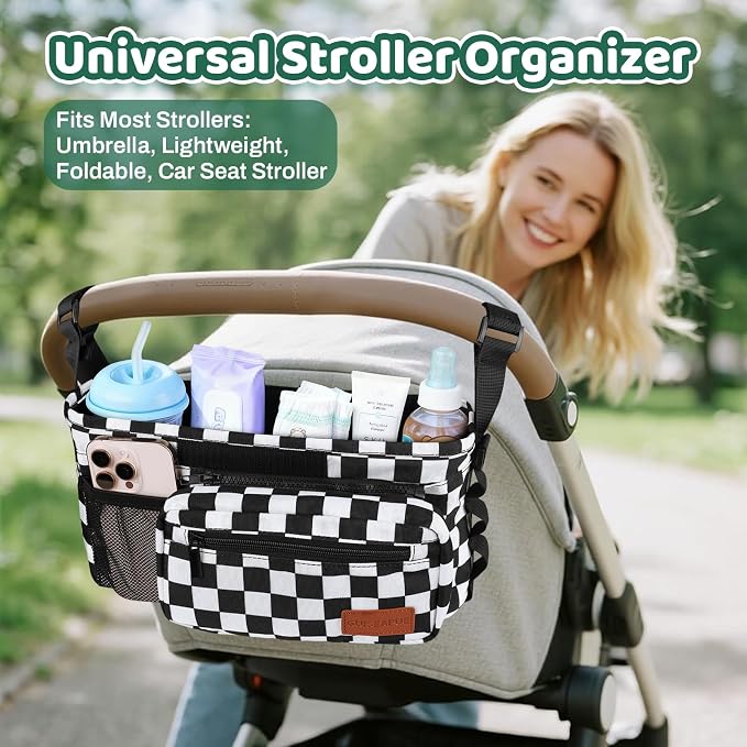 Stroller Caddy with Cup Holder, Non Slip Stroller Organizer Bag Accessories | Stroller Bag with Detachable Phone Bag, Fits Uppababy, Mockingbird Doona Joie Yoyo Baby Jogger, Christmas Baby Shower Gifts
