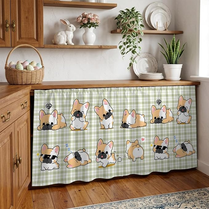 Cute Puppy Cabinet Curtains 28"x51" Sink Skirt for Bathroom Kitchen, Sage Green Plaid Modern Funny Dogs Pet Self Stick Adhesive Under Desk Covers Tall Laundry Cabinet Storage Organizer