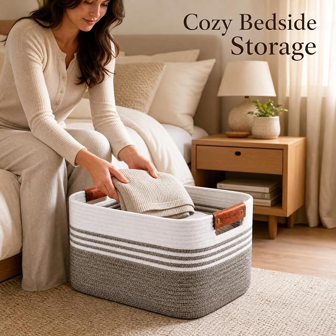 Cotton Rope Laundry Basket Extra Large, 22.8GAL Collapsible Woven Storage Baskets for Living Room Kids Toys Stuffed Animal,Boho Rectangular Decorative Hamper for Dirty Clothes, Blankets Dark Brown