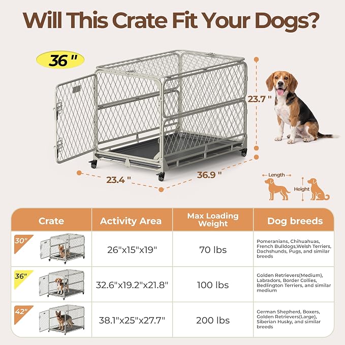 36 Inch Collapsible Dog Crate for Medium Dogs, Foldable Metal Dog Kennel with Reinforced Diamond Wire Mesh, Escape Proof Foldable Dog Cage, Leak-Proof Removable Tray, Double Secure Door Latch