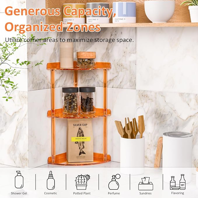 Sezanrpt 3 Tier Countertop Corner Organizer Shelf 7x7x15.7 Inch, Orange Countertop Acrylic Bathroom Corner Shelf, Vanity Storage Organizer for Cosmetics, Toiletries