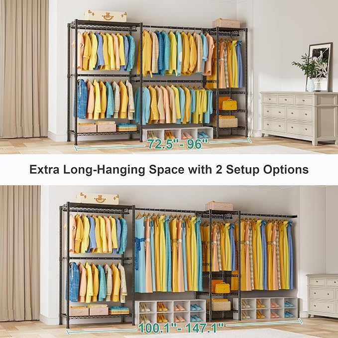 SEMHOR E01 Expandable Heavy Duty Clothes Rack, Free Standing Closet System | 72.5-96" Adjustable Portable Garment & Clothing Racks for Hanging Clothes Carbon Steel, 800LBS Max Load, Black