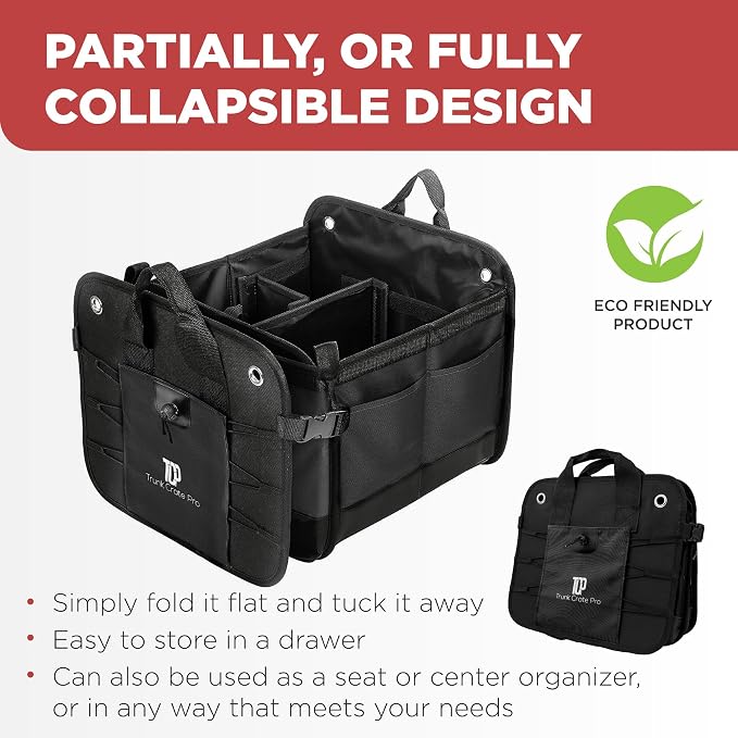 Car Trunk Organizer for SUV & Truck Cargo Storage, Large, Black | Fits Cars, SUVs & Trucks 4 Adjustable Compartments Non-Slip Base & Straps Foldable 11 Pockets Car Accessories