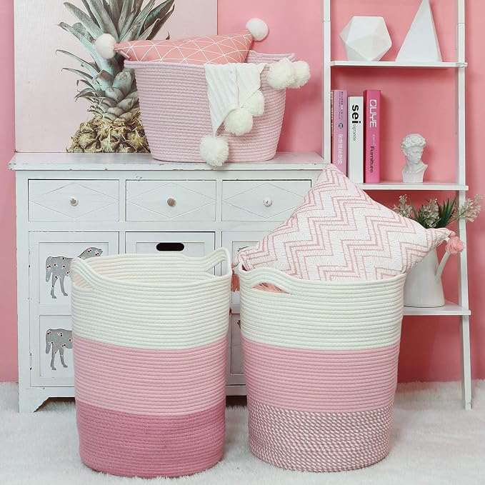 Sea Team Large Woven Cotton Rope Laundry Basket with Handles, 20 x 14 in | Collapsible Knitted Hamper, Closet Shelf Organizers, Containers for Clothing, Blankets, Toys, Bedding, Pink