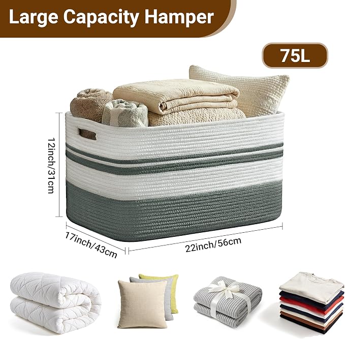 75L Large Blanket Basket, 22"x17"x12"Rectangle Cotton Rope Woven Storage Basket with Handles, Laundry Hamper for Living Room, Nursery, Bedroom - Chemical-Free, Kid & Pet Safe - Sage Green
