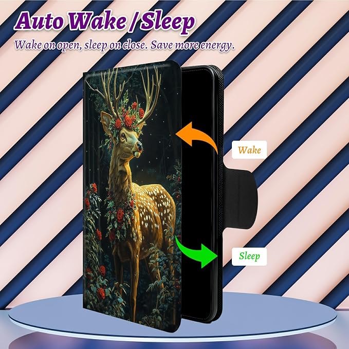 Rotating Handle Case for Samsung Galaxy Tab A11 2026/A9 2024 8.7 Inch, 360 Degree Swivel Kickstand with Magnetic Closure, Shockproof Leather Protective Cover for Women Men, Rose Forest Deer