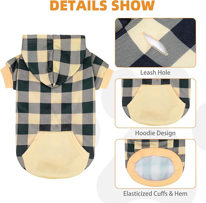 KOOLTAIL Plaid Dog Hoodie Pet Clothes Sweater with Hat and Pocket for Small Medium Large Size Dogs, Soft Winter Warm Dog Cold Weather Coat, Fleece Fall Dog Hooded Sweatshirt for Puppy Cats, Beige S