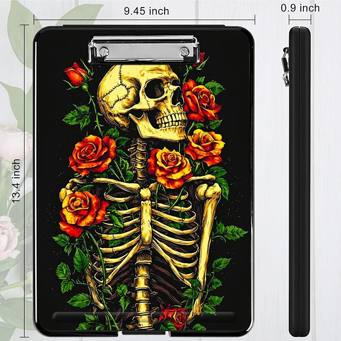 Skull Red Rose A4 Clipboard with Storage Pen Holder, Clipboards Organizer Nursing Clipboard Foldable File Folder Plastic Clipboard Folio Clip Board for Office Students Classroom Doctor