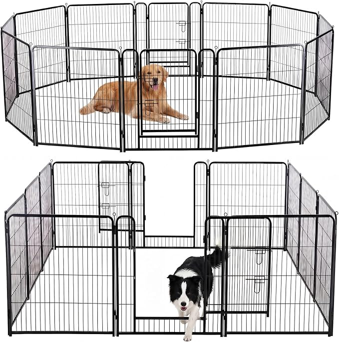 DUMOS Dog Playpen 32 Inch 12 Panels Indoor Outdoor Metal Pet Fence | Foldable Dog Play Pen with Door, Portable Exercise, RV Camping, Puppy Small Medium Dogs