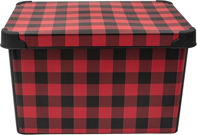 Simplify Checkered Design Storage Bin | Christmas Tote | Holiday Décor Decorations Organizer | Buffalo Plaid Design | Lidded | Stackable | Black and Red