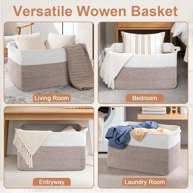 75L Large Blanket Storage Basket with Handles - White & Brown | Extra-large clothes storage bin. Soft cotton, foldable, washable.Holds blankets, pillows for living room, bedroom, dorm.