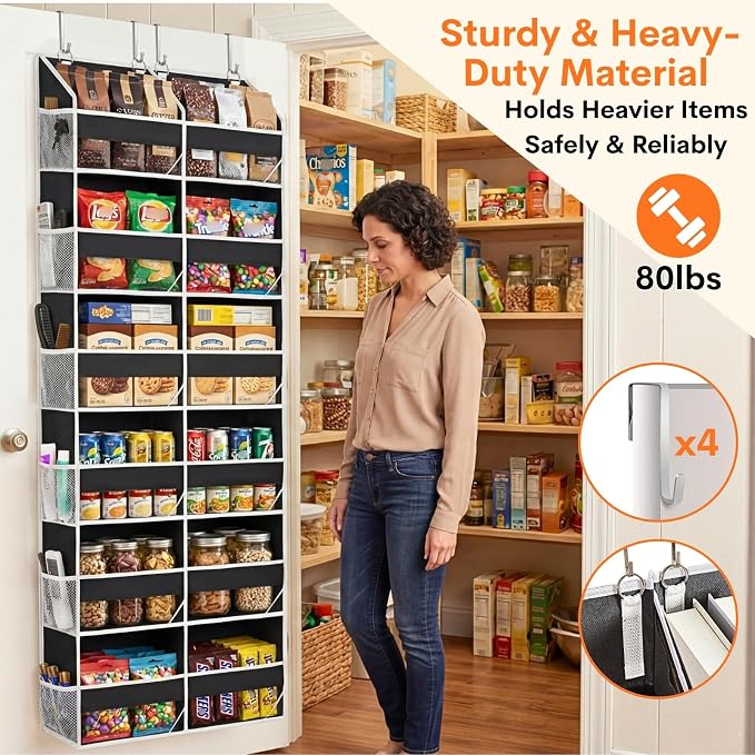 Over The Door Organizer 6 Tiers, Extra Large Behind Door Storage of 12 Compartments, 80 lbs Weight Capacity Hanging Storage Organizer with Clear Window Kids Toys, Shoes, Diapers, Room Storage,Black
