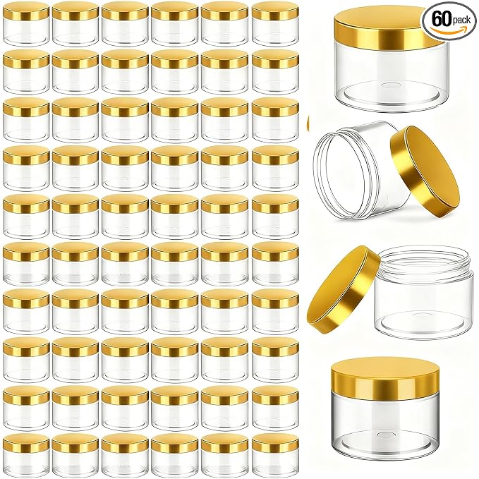 Patelai 60 Pcs Plastic Jars with Lids Round Clear Cosmetic Container Jars Leakproof Plastic Jar for Storing Dry Food Toiletries Lotion Ointments Makeup Rhinestone Samples Kitchen Storage(Gold,2 oz)
