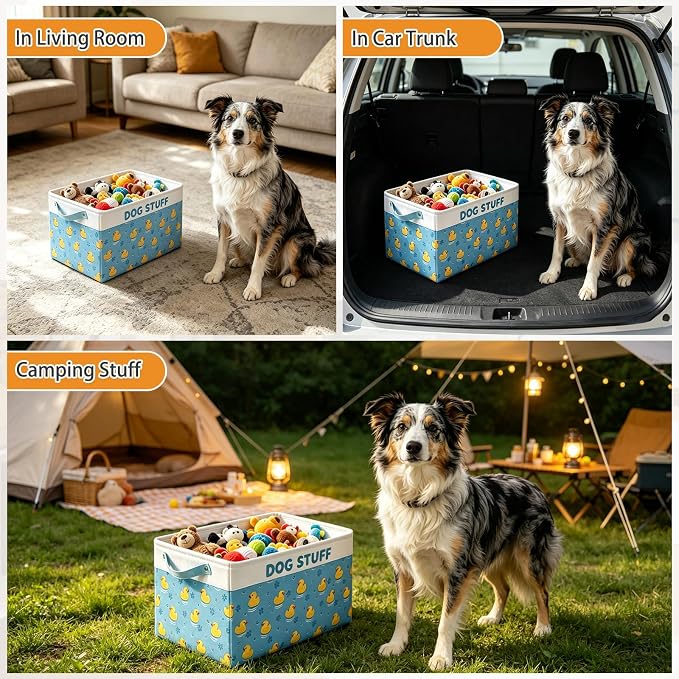 Dog Toy Basket, Collapsible Dog Toy Bin Box with Drawstring Cinch Top &Handles, Pet Food Storage Organizer for Dog Toys, Apparel, Blankets and Leashes, Blue, Yellow Duck, L, 15.3"x13"x12"