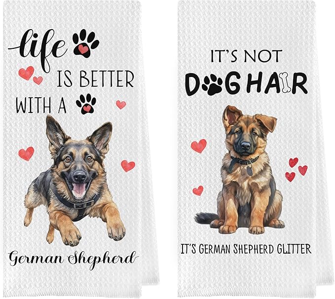 German Shepherd Dish Towels Set - Funny German Shepherd Gifts Waffle Weave Kitchen Towels, Decorative Hand Tea Towel for Kitchen Bathroom (16×24 Inches Set of 2)