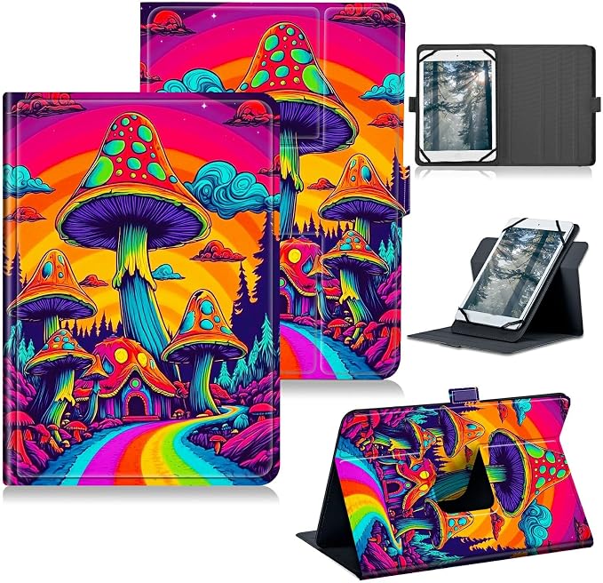 Universal Tablet Case for T-Mobile Revvl Tab 2 10.1" 2025/Revvl Tab 5G 10.36" 2023, 360 Degree Rotating Kickstand Protective Stand PU Leather Shell Cover for 9"-10.5", Rainbow Mushroom Road