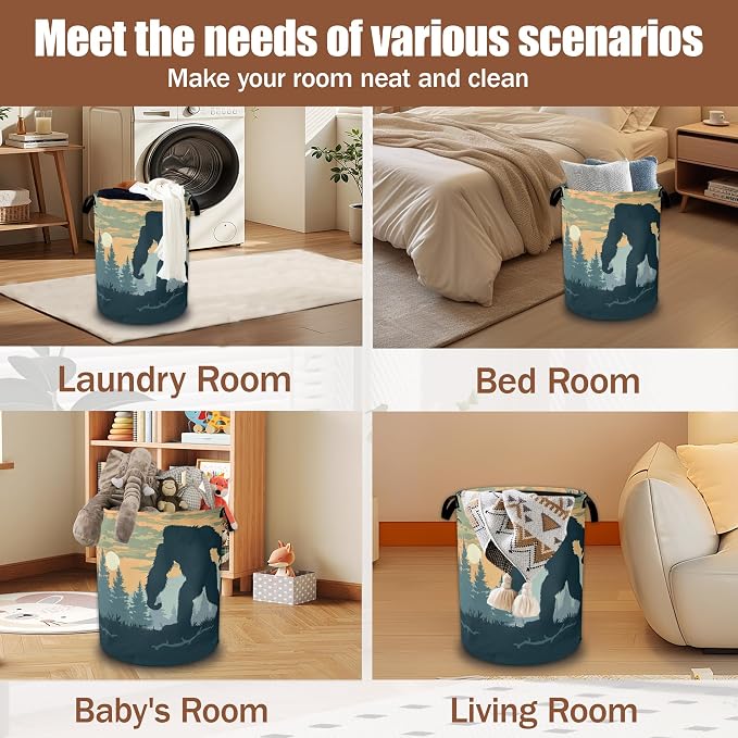 Laundry Basket Big Foot Forest Collapsible Laundry Baskets Waterproof Oxford Cloth With Handles,Sunset Laundry Hamper Clothes Storage Bucket Toy Organizer for Bathroom/Nursery/Bedroom 16" x 20.8"