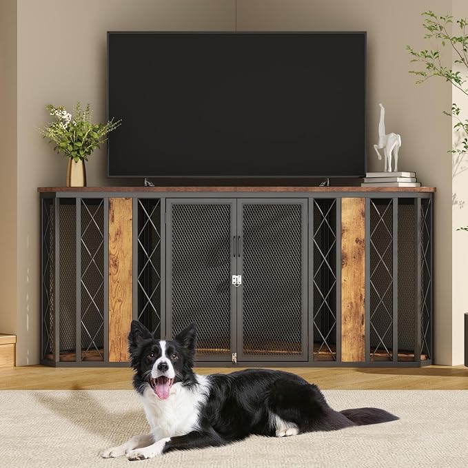 Spacesea Extra Large Corner Dog Crate Furniture, Heavy Duty Indoor Dog Kennel, End Table & TV Stand in 1, Chew-Proof Metal, Retro Brown Wood Panels, Space Saving Large Breed Dog Cage for Living Room