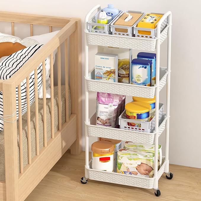 MOYIPIN 4-Tier Plastic Rolling Utility Cart with Handle,White | Utility Storage Cart for Office, Living Room, Kitchen,Movable Storage Organizer，Easy installation，Rattan-like art design