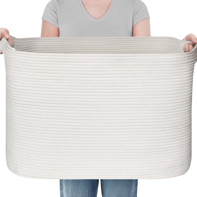 108L Extra Large Storage Basket, 25" x 16" x 16" White Blanket Basket Living Room, Oversized Cotton Rope Blanket Storage, Woven Kids Dog Toy Bin Box Organizer, Laundry Shoes Towel Bin, White
